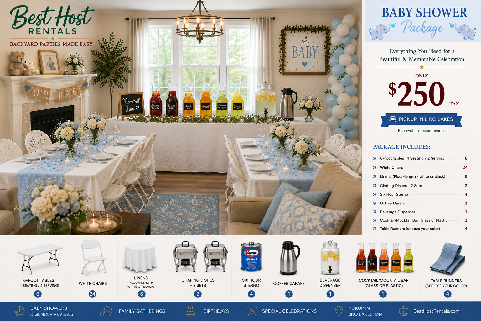 Indoor baby shower celebration setup with decorated tables, floral centerpieces, a balloon arch, and a beverage station with juice.
