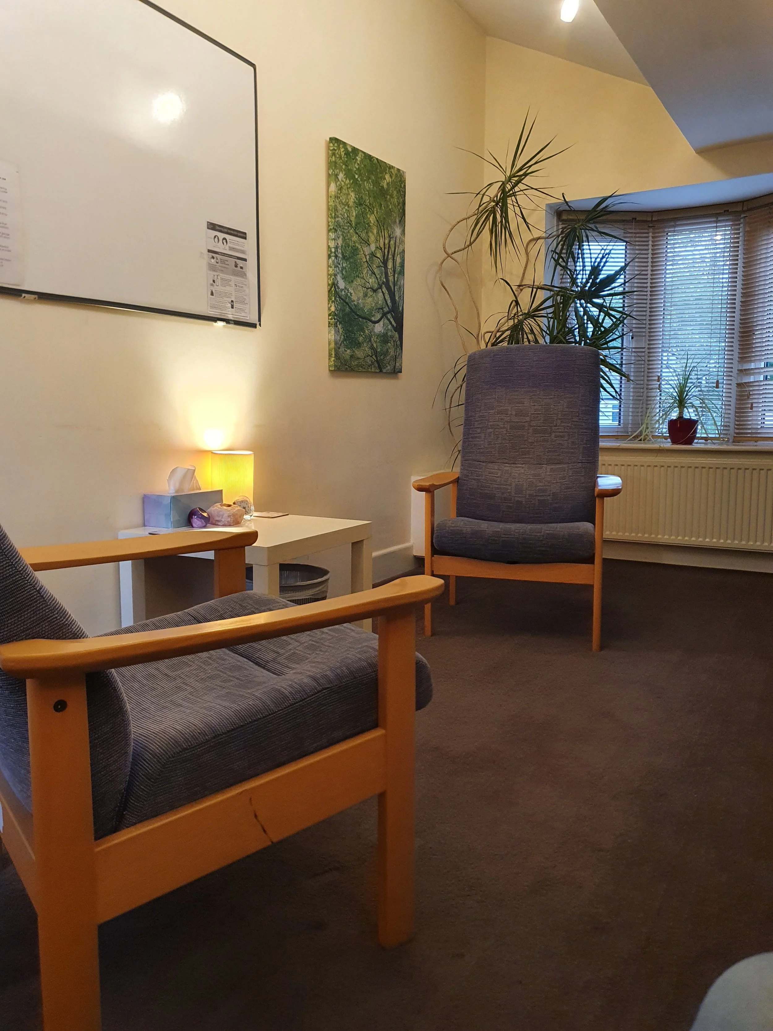 A cozy waiting room with two wooden armchairs with gray cushions, a small white table with a lamp, tissue box, and decorative rocks, and a large window with blinds and potted plants. A bookshelf or cabinet is below the window, and a green forest-themed painting hangs on the wall.