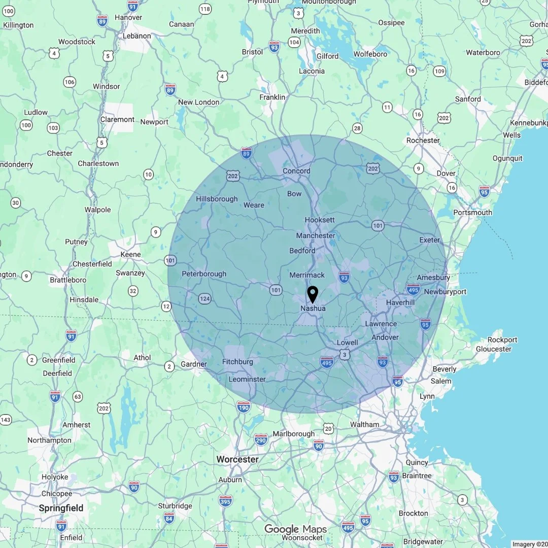 Service area map showing JK Flooring & Tile serving homeowners throughout Southern New Hampshire and Northern Massachusetts from its Nashua, NH location.