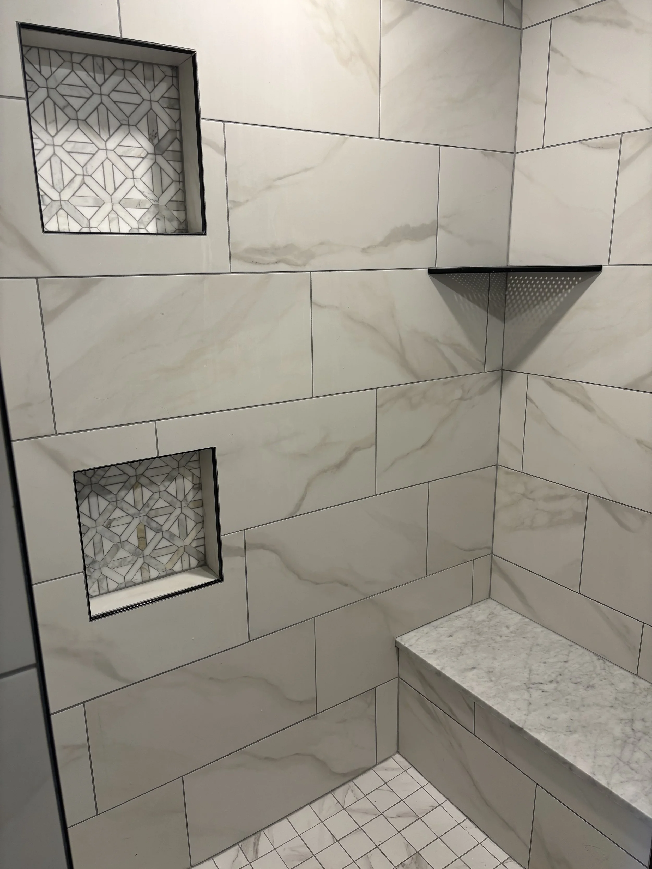 bathroom tile, shower niche, porcelain, shower bench
