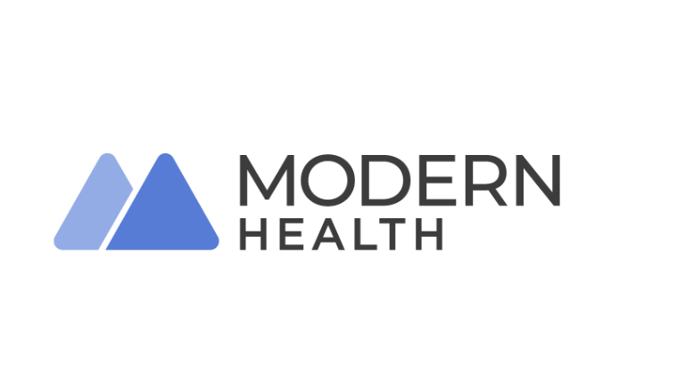 Modern Health logo, blue mountains black text 