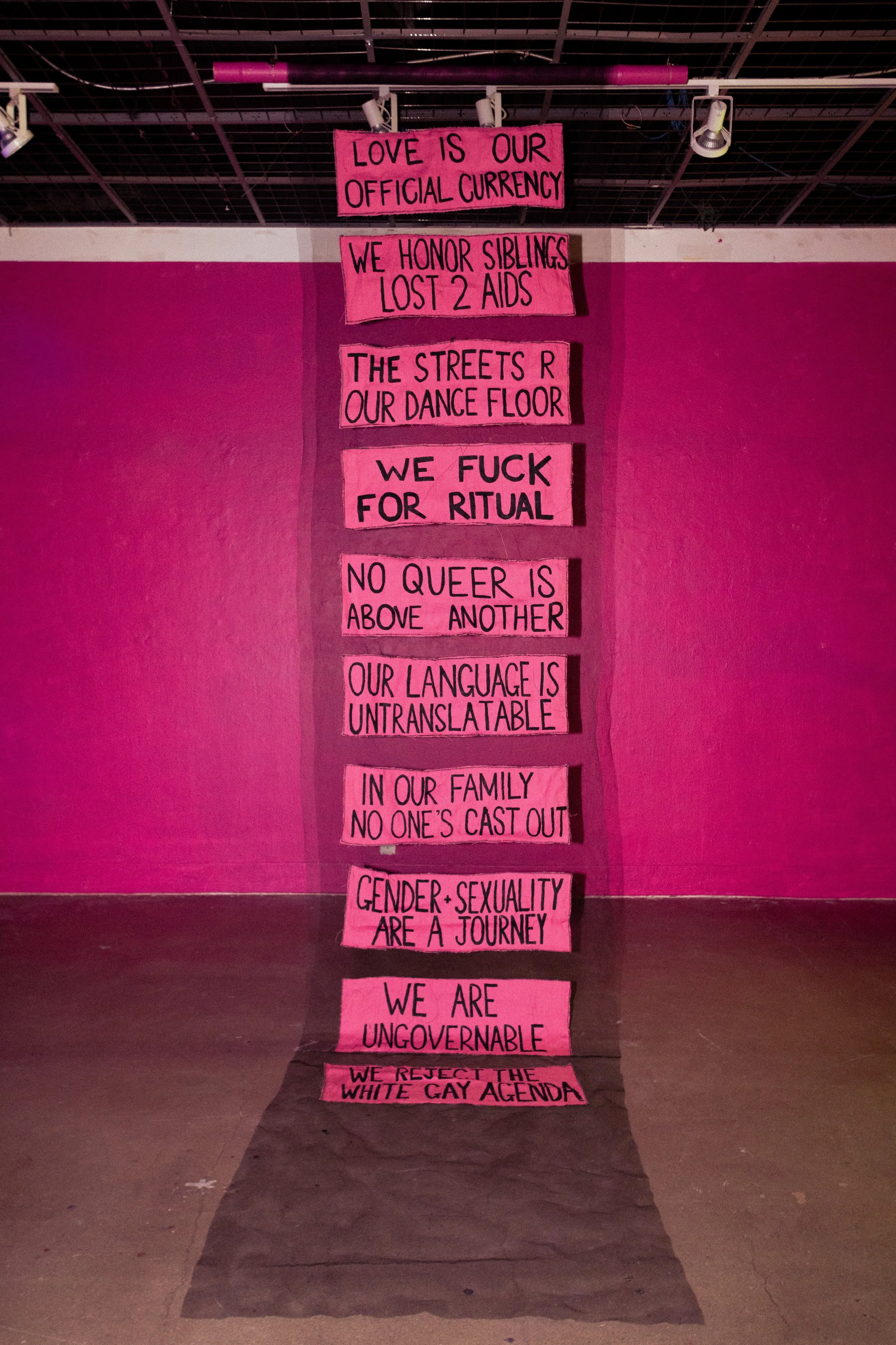 Manifesto, 2026 
Acrylic on Linen, Acrylic on Bamboo, Stiff Tulle 12 feet x 3 feet