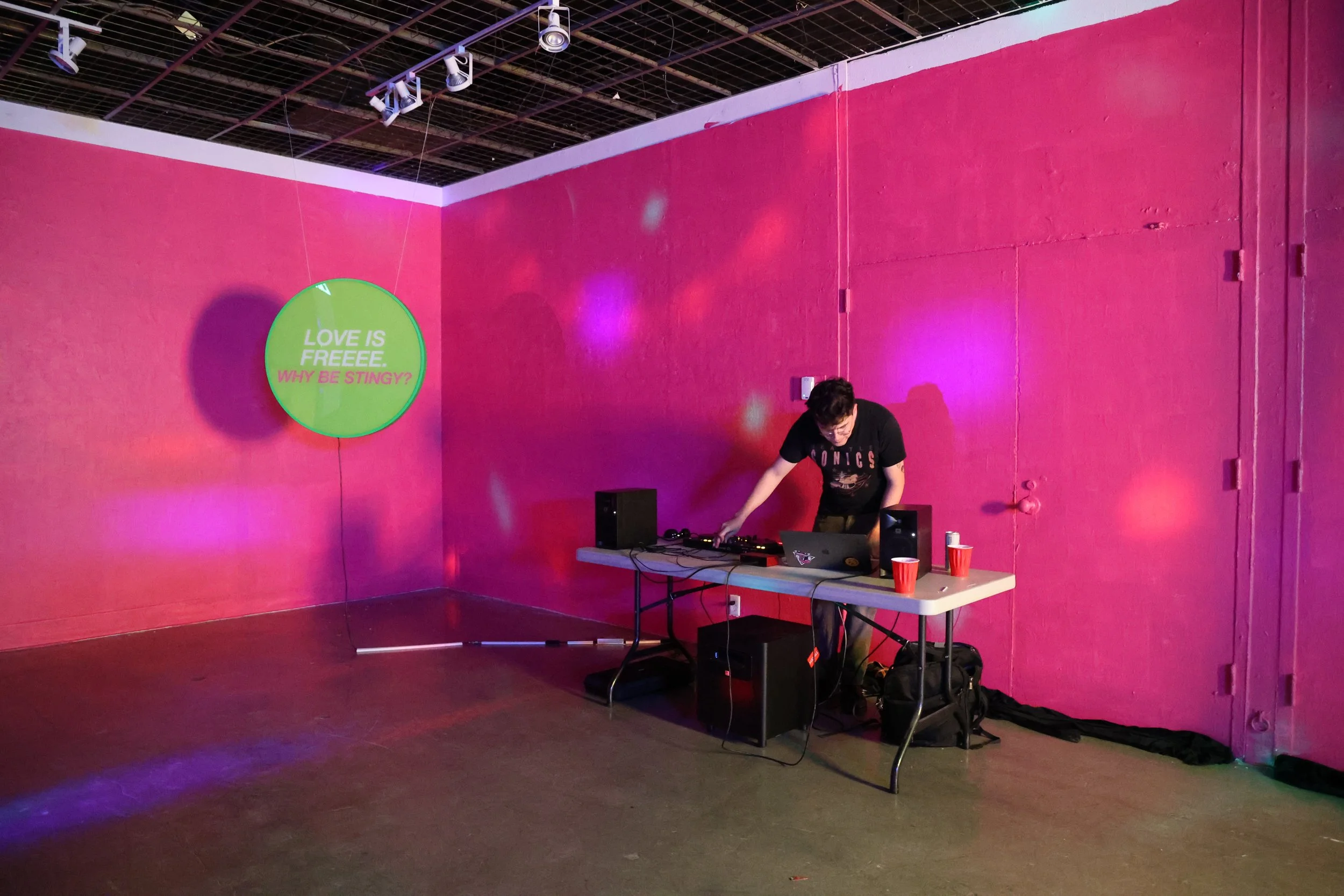 CLUB 2561 (2026) DJ Activation and 

Love is Freeee. Why Be Stingy? (2025) 
UV Print on LED Lightbox
36-inches diameter