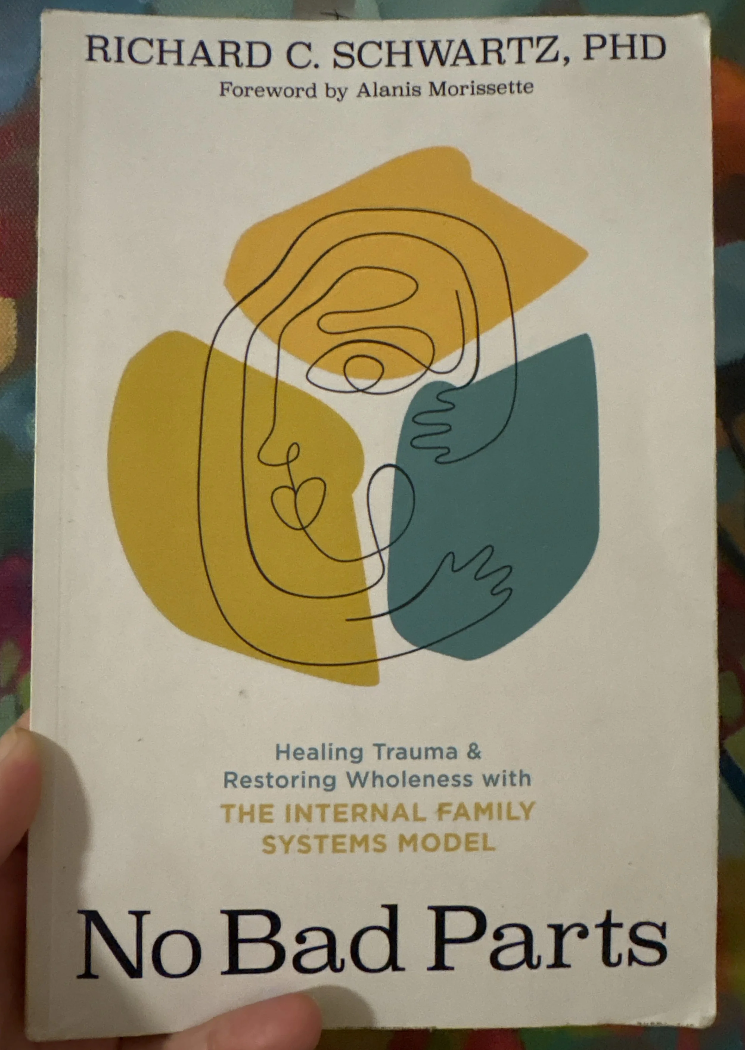 A book cover titled "No Bad Parts" by Richard C. Schwartz, PhD. The cover features abstract line art of a person's face and hand, with colored shapes in the background. The subtitle mentions healing trauma, restoring wholeness, and internal family systems model.