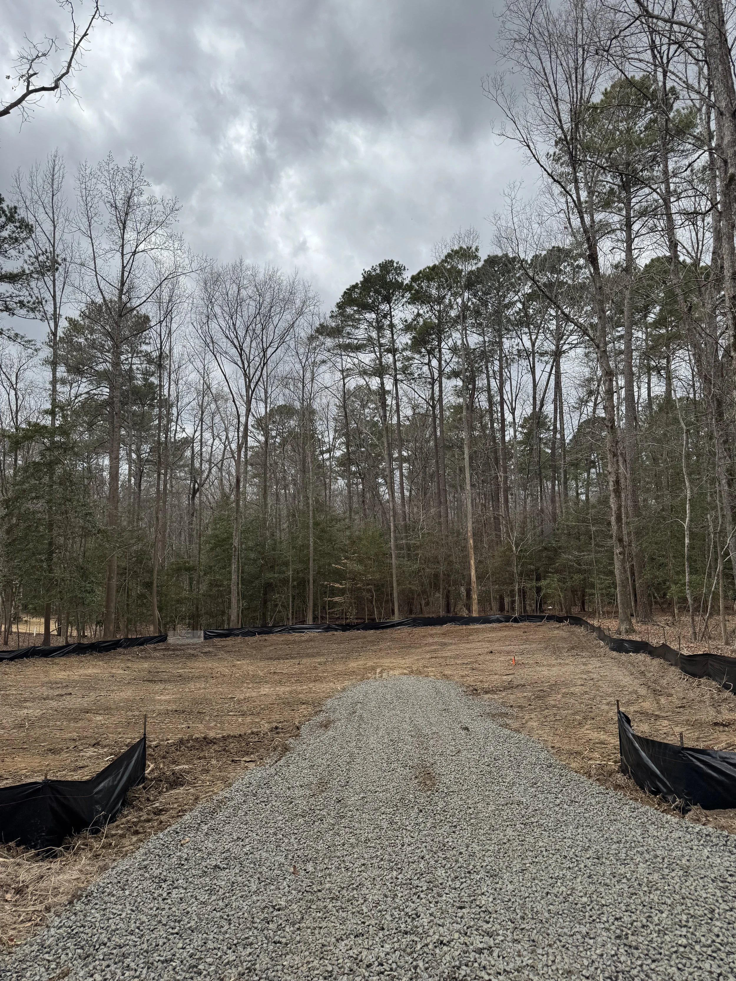 A gravel pathway in a cleared wooded area with trees on both sides and cloudy sky overhead.