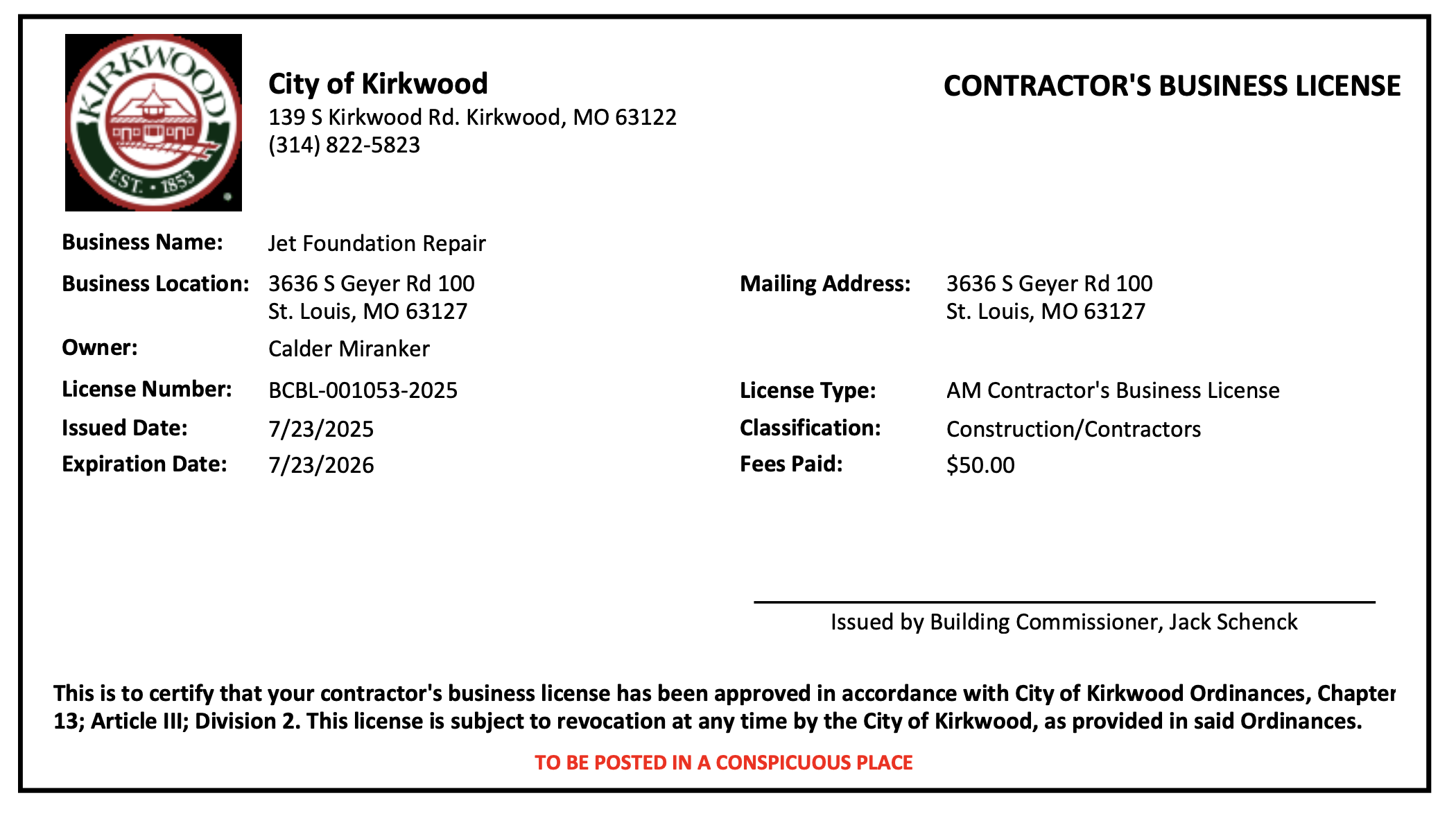 kirkwood contractors license jet foundation repair