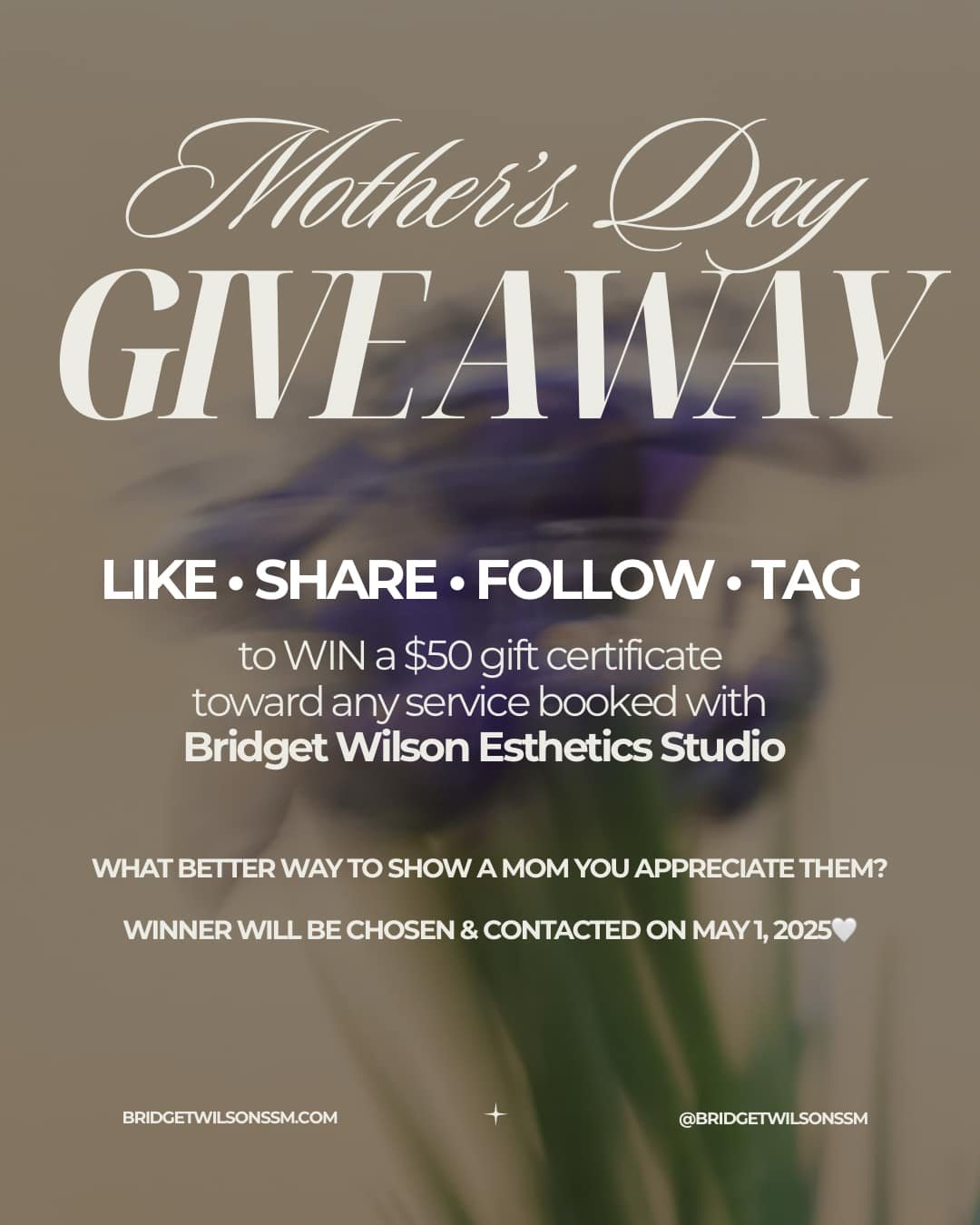 🌸 Mother&rsquo;s Day Giveaway! 🌸

To celebrate all the amazing moms (and mother figures!) out there, I&rsquo;m giving away a $50 gift certificate to one lucky winner 💕

Whether it&rsquo;s for you or a special someone who deserves a little pamperin