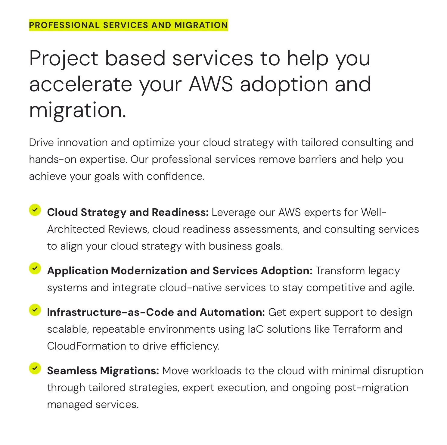 Document titled 'Professional Services and Migration' discussing AWS cloud adoption and migration services, including cloud strategy, application modernization, infrastructure automation, and seamless migration, with highlighted section headers and bullet points.
