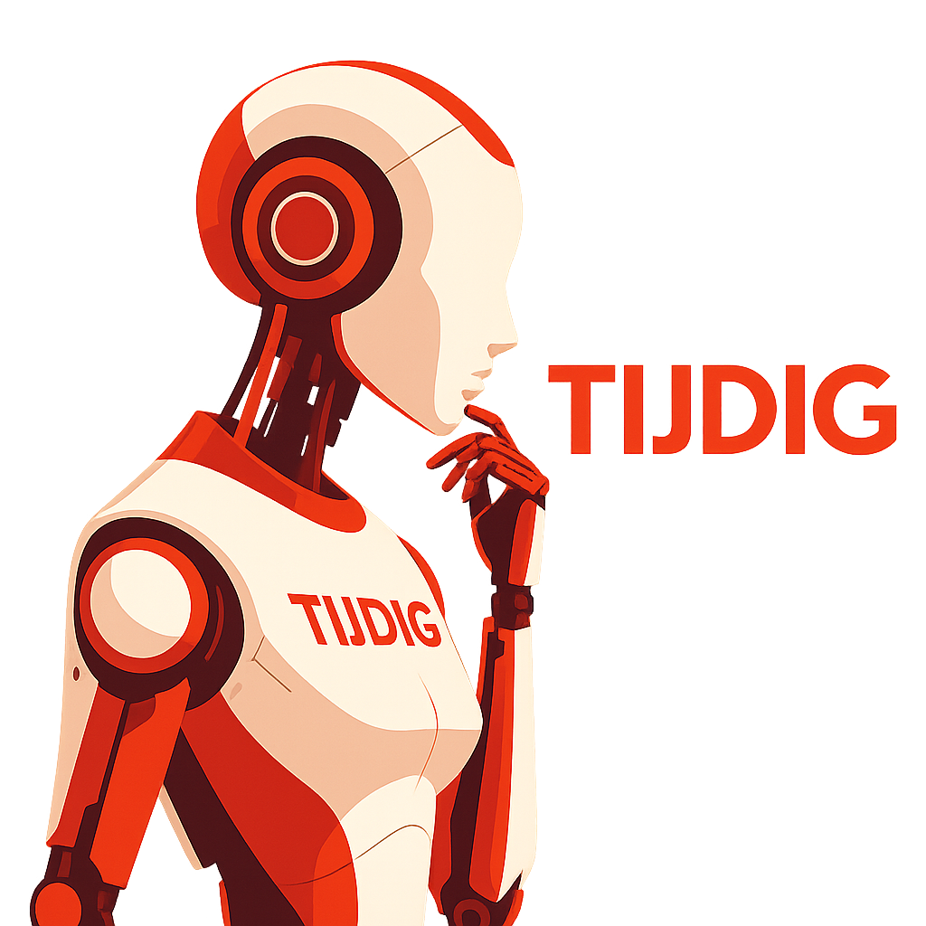 A stylized illustration of a female humanoid robot with a white and red body, on her chin is her hand, and she is looking to the right. The robot's head has circular and linear details resembling circuitry. The word "TUIDG" appears on her chest and again in larger, bold letters partially visible on the orange background to the right.