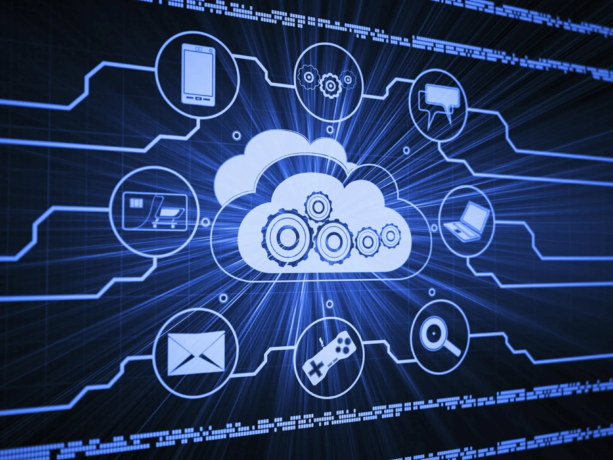 A digital illustration of cloud computing with interconnected icons representing smartphones, laptops, email, gaming, search, and gears, all connected to a central cloud with gears, depicted with a blue and dark background.