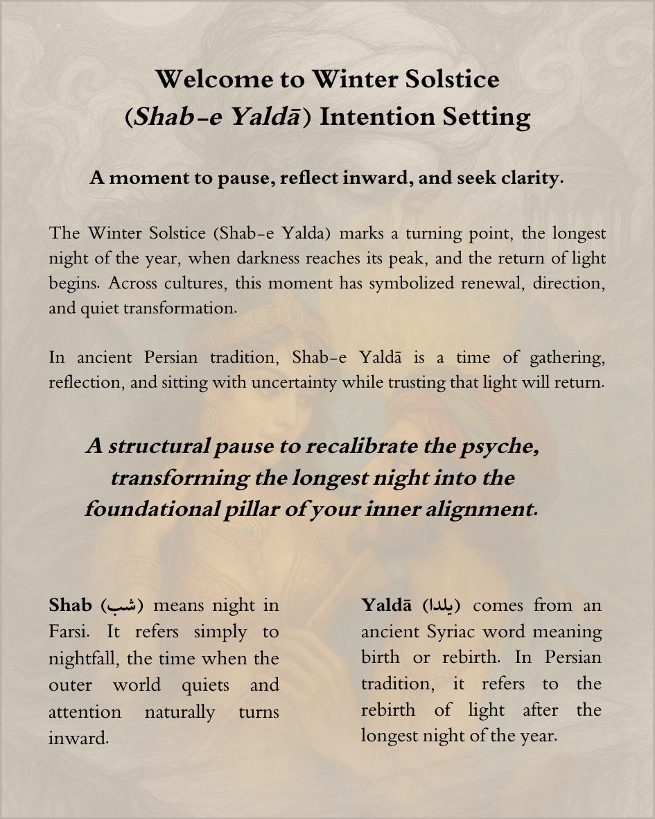 Welcome to Winter Solstice Shab-e Yalda page describing the longest night as a moment for reflection, intention setting, and inner renewal, connecting ancient tradition with psychological insight and personal growth.