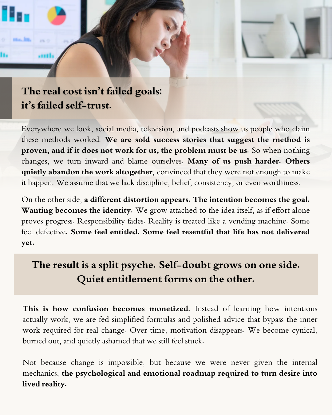 Why manifestation makes you feel worse: stressed woman at desk after vision board failed. Self-doubt from failed goals and why manifestation advice damages self-trust.