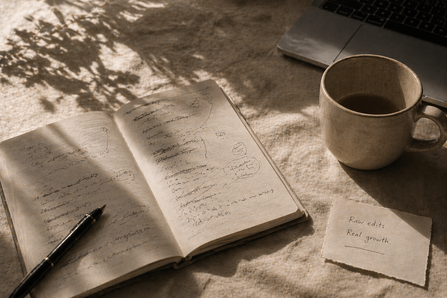 Person in a white sweater sitting at a white table, writing in an open notebook with a gold necklace visible, sunlight casting shadows on the table, and a cup on the side.