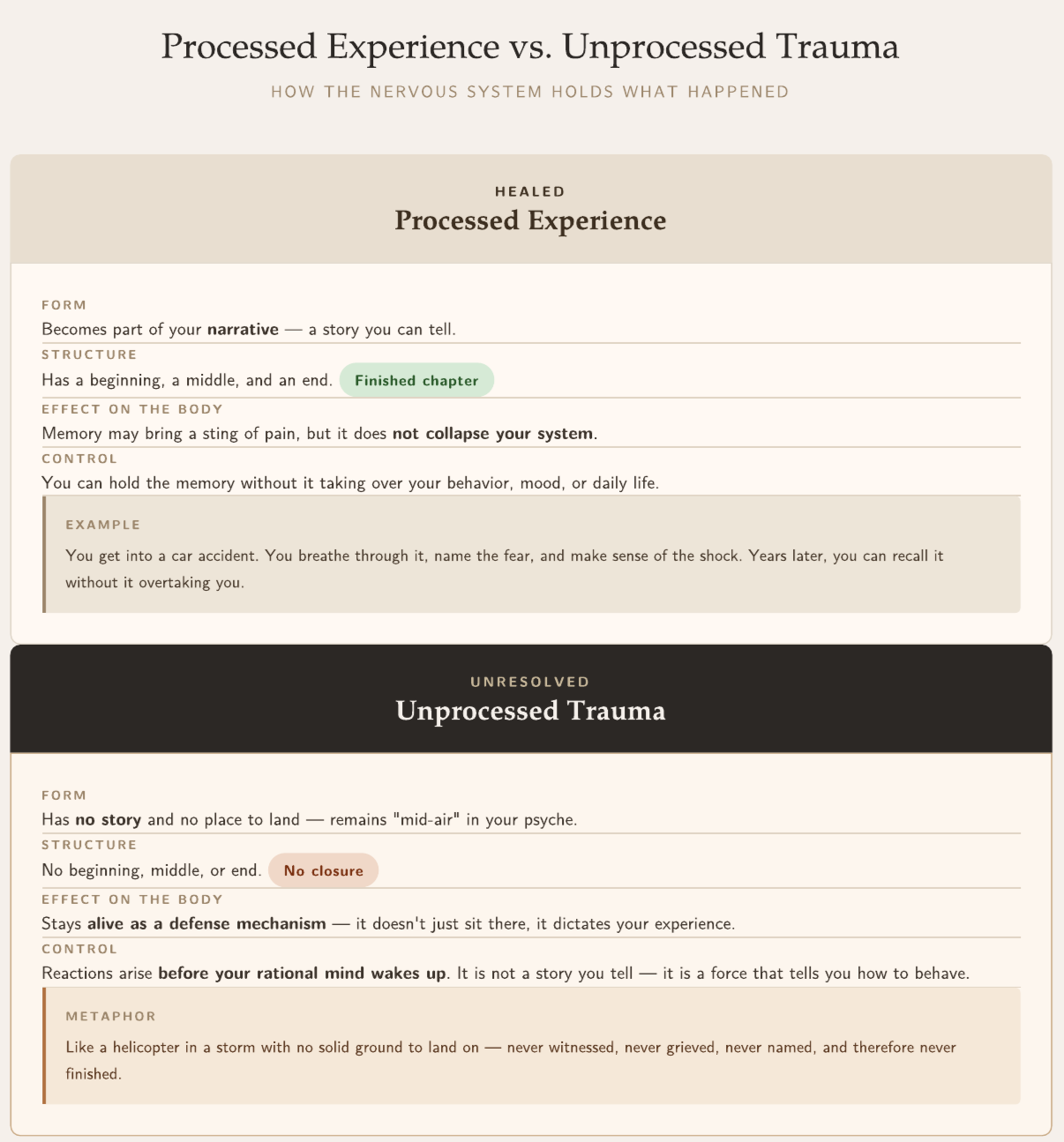 Diagram showing processed experience versus unprocessed trauma, highlighting integration, memory, and ongoing emotional and behavioral impact