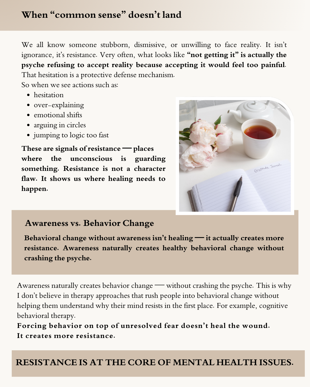 Page explaining that resistance isn’t ignorance, but a protective defense, and that awareness must come before behavior change. Image of tea and journal symbolizing reflection instead of force.