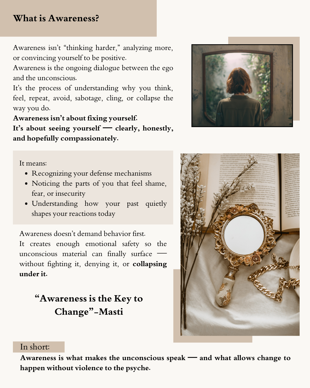 Page explaining awareness as understanding the dialogue between the ego and unconscious, with images of reflection and a mirror symbolizing seeing yourself clearly, honestly, and compassionately. Awareness is the key to change.