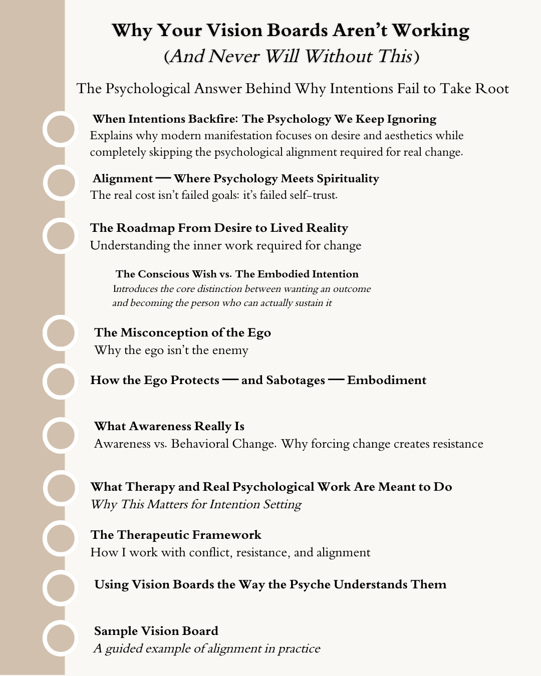 Why vision boards fail: psychological alignment missing from manifestation. Therapist explains embodied intention vs surface goals for real behavioral change.