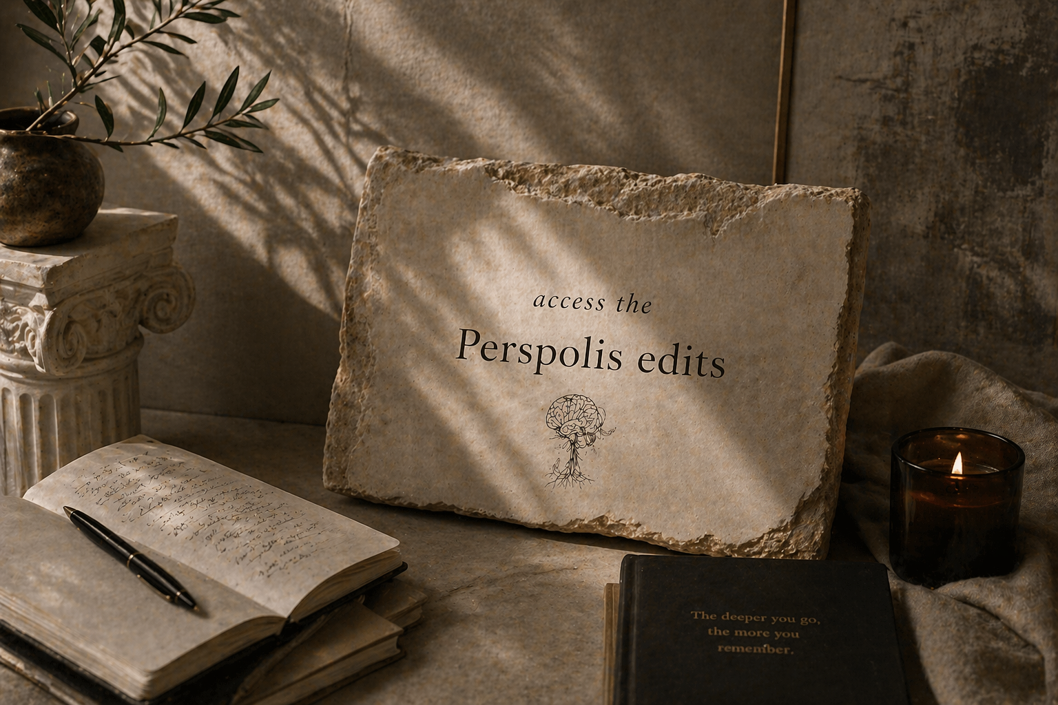 Open book with pages turned, small dried flowers resting on it, in warm soft lighting.