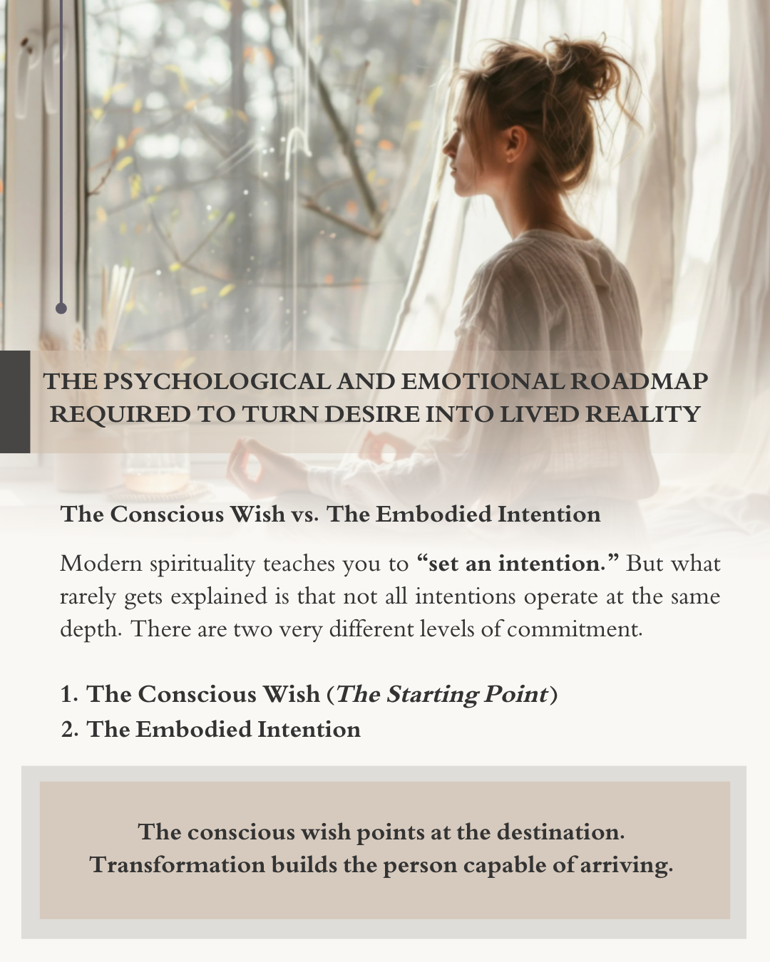 How to actually manifest what you want: woman reflecting on difference between wishing and embodying change. Psychology roadmap from desire to reality that works.