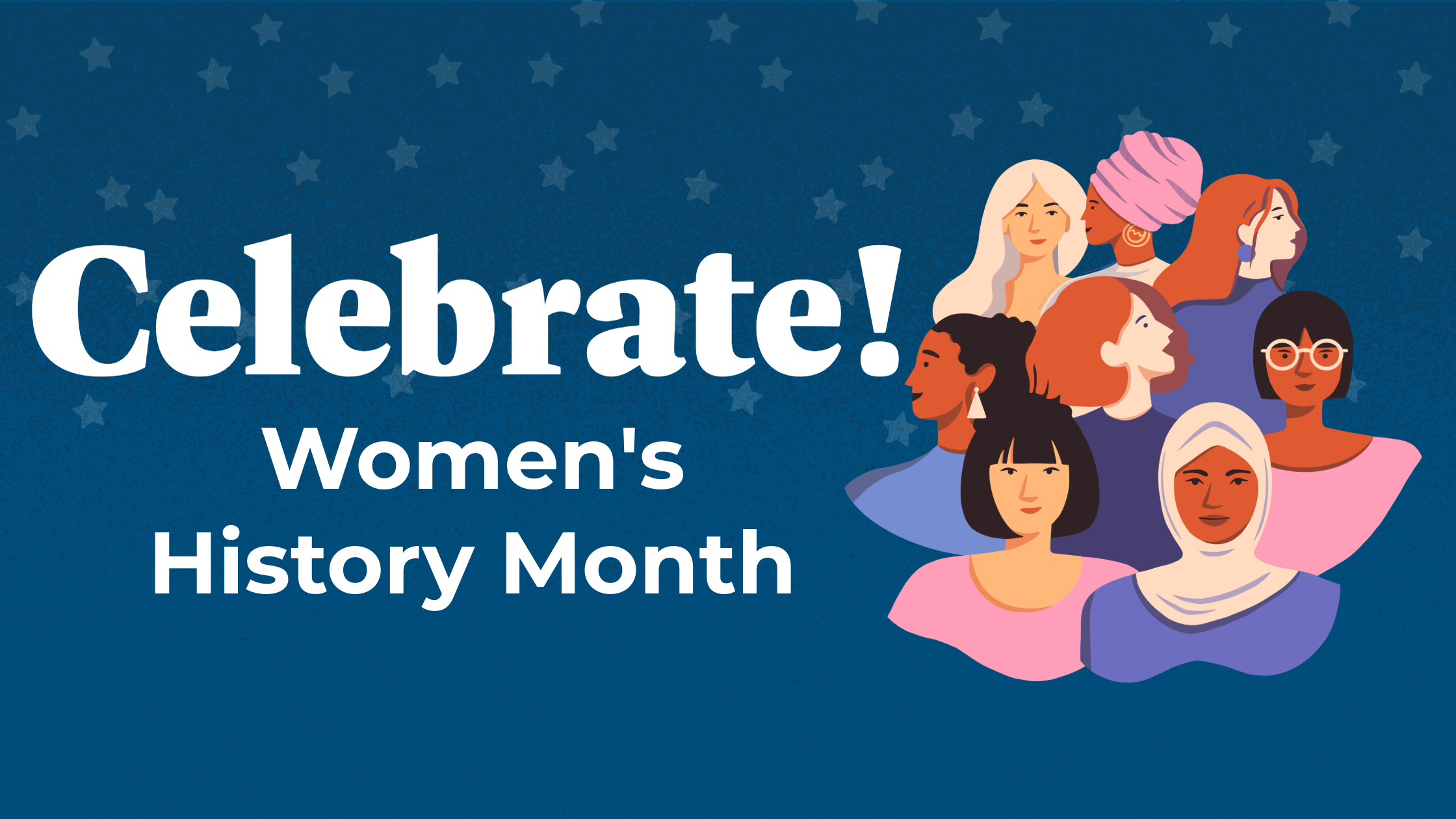 A blue header with an illustration featuring a diverse group of women