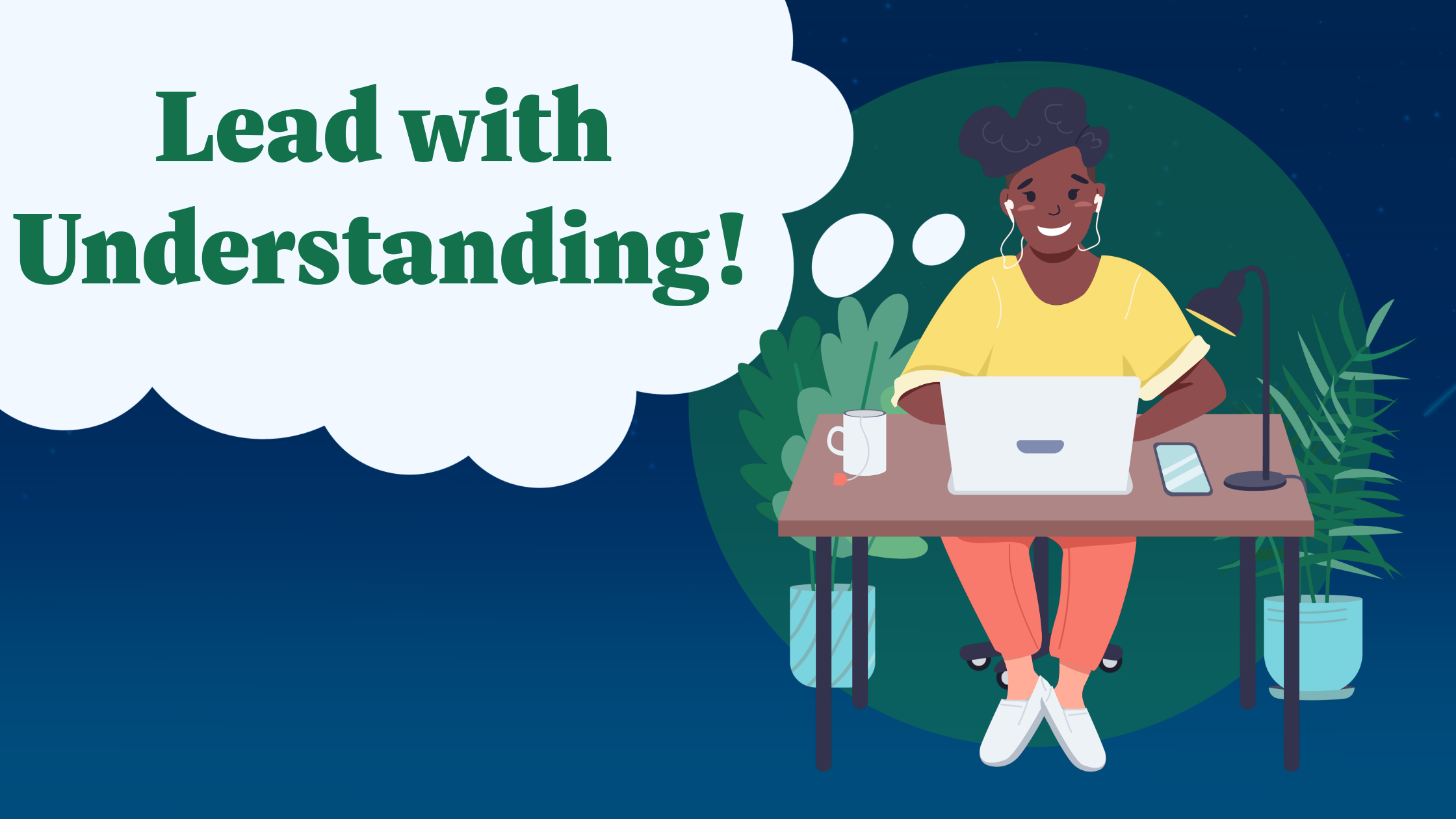 A blue footer with the same image as the header. White text reads "Lead with Understanding."