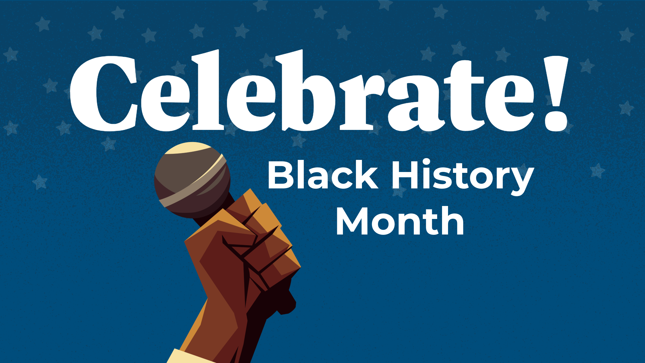 A blue header with white text and the image of a hand holding a microphone