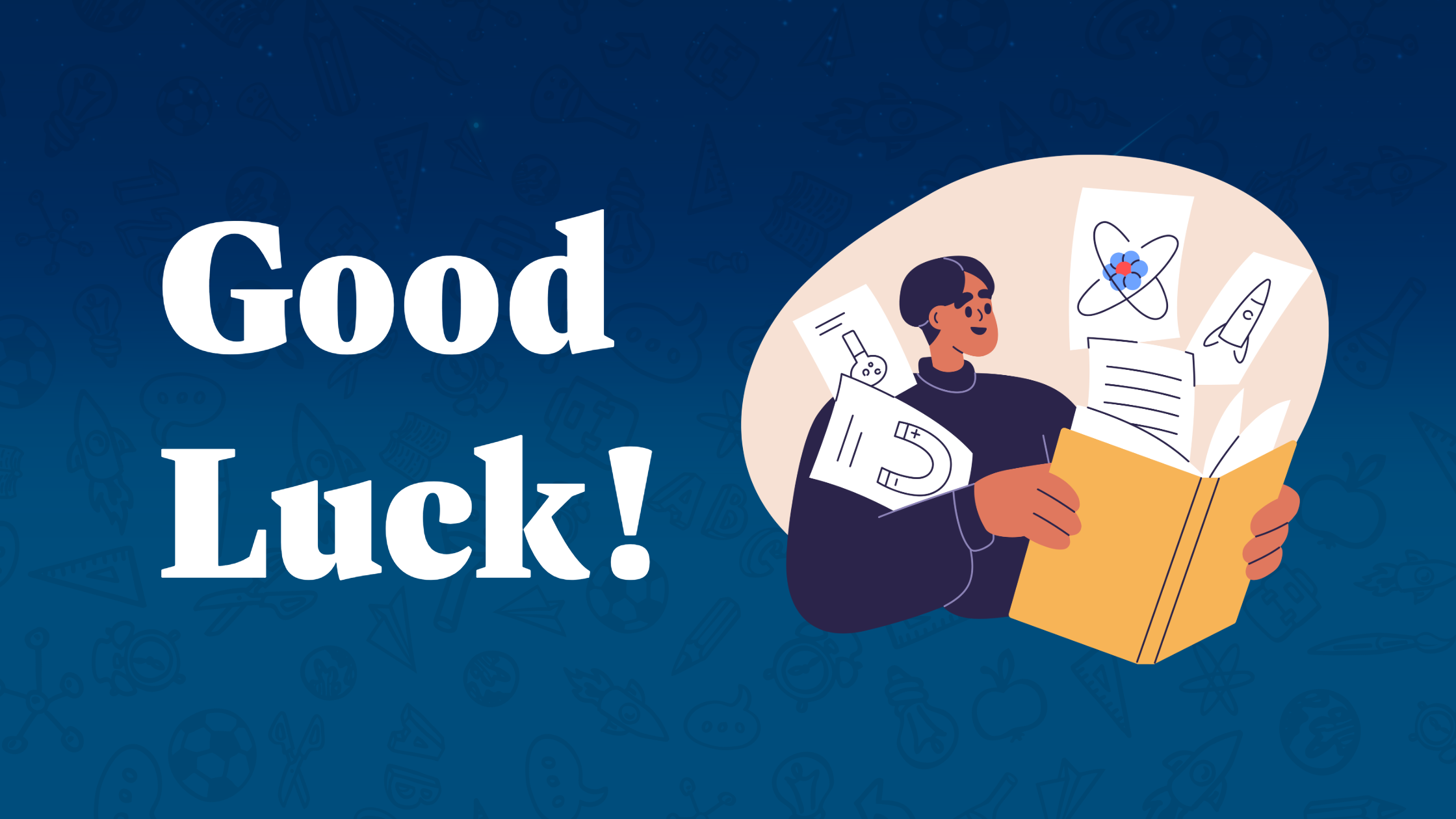 A blue footer with the same image as above. White text reads "Good Luck!"