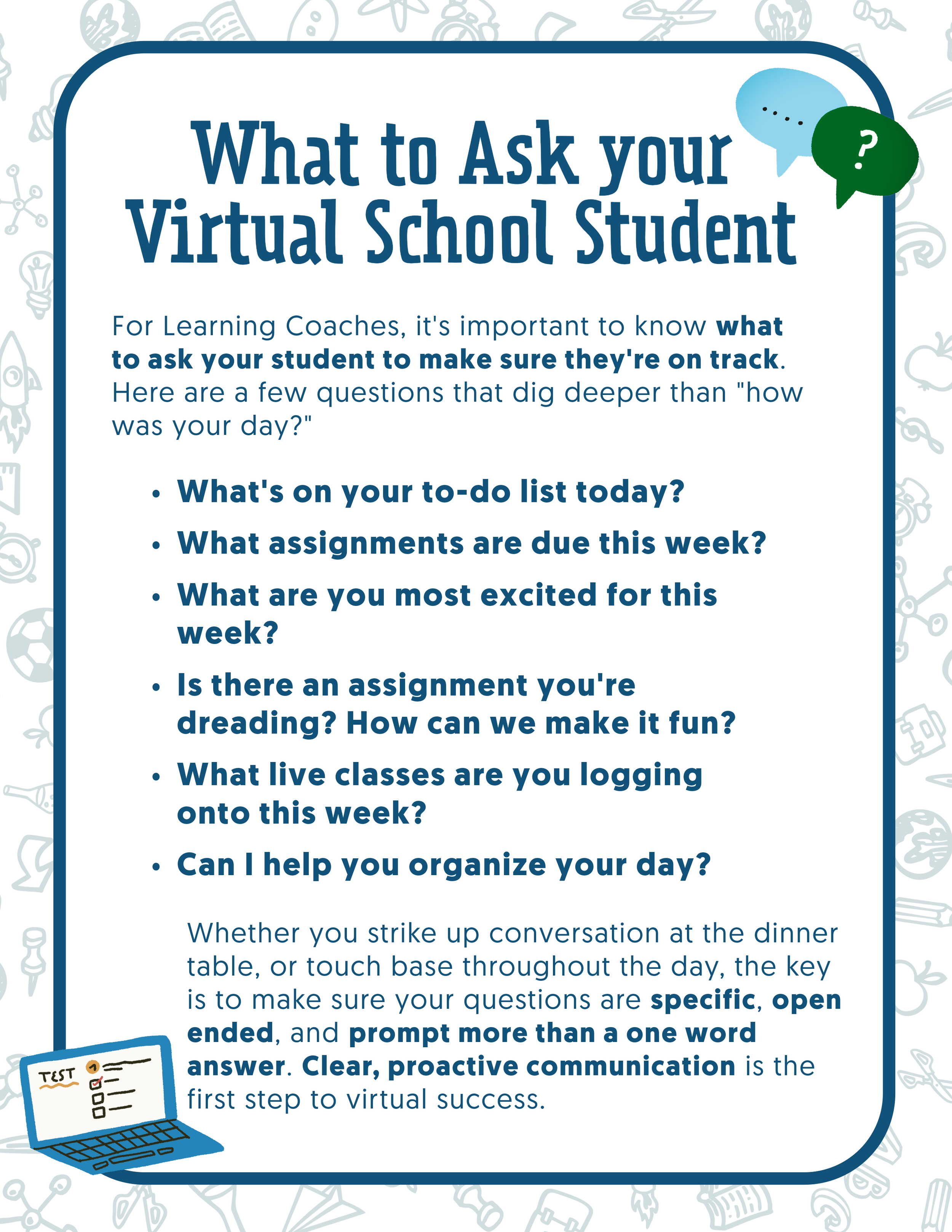 A one-page worksheet goes through questions to ask your virtual school student