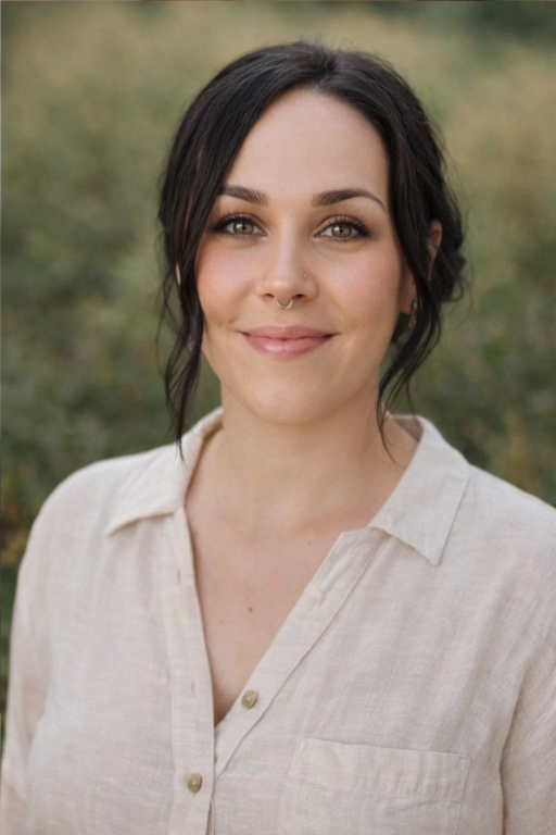 A young woman with dark hair and a nose piercing, smiling outdoors, wearing a light-colored shirt. She is the birth doula.