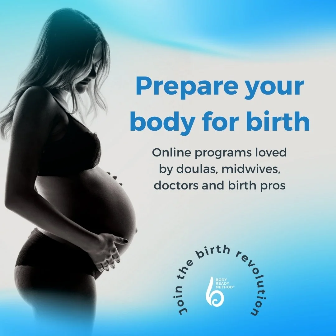 Black and white silhouette of pregnant woman cradling her belly, with promotional text about preparing for birth and online programs for childbirth education.