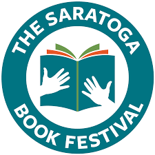 Logo of The Saratoga Book Festival featuring an open book with two hands holding it.