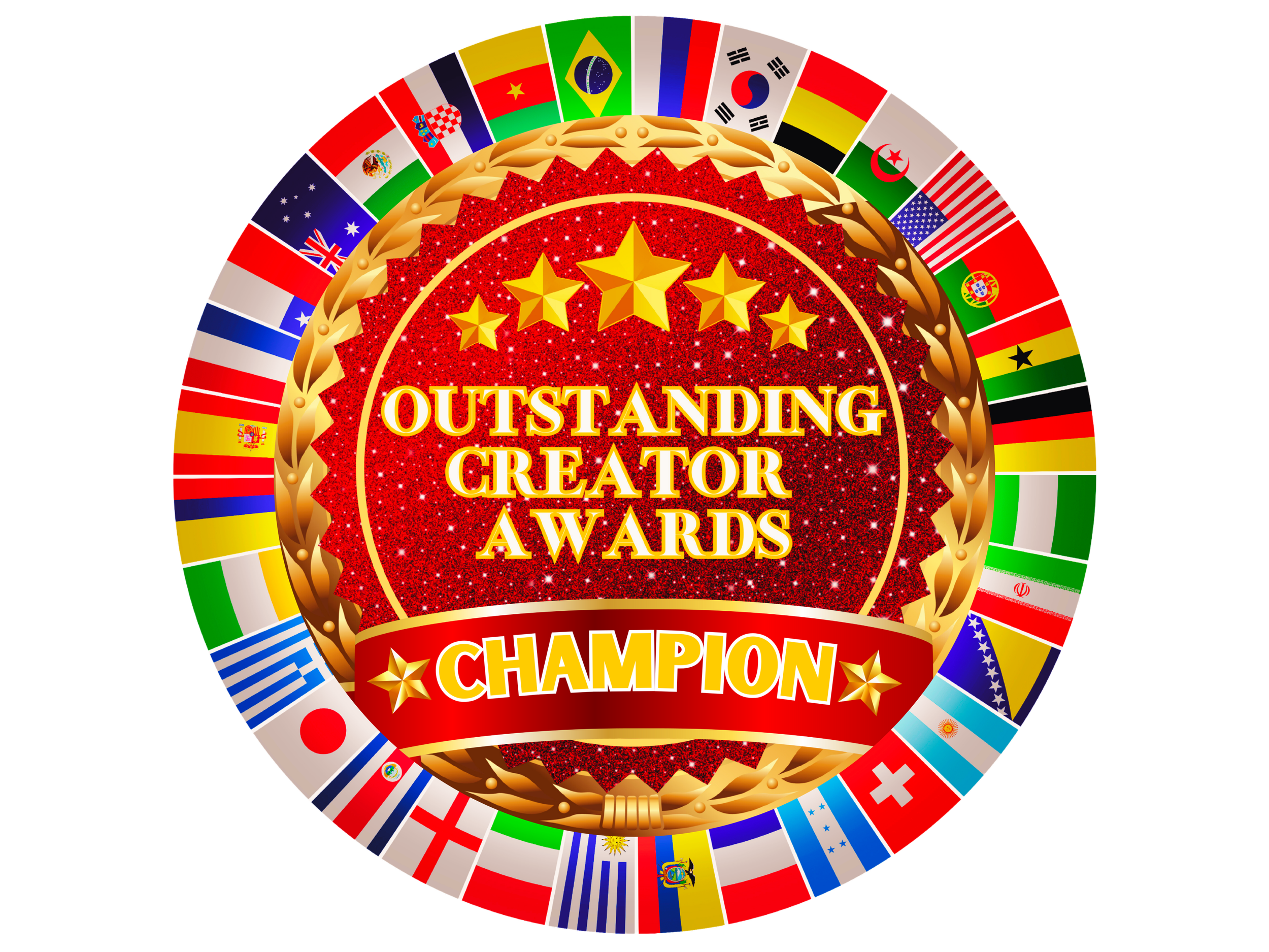 Award badge with stars, surrounded by international flags, stating 'Outstanding Creator Awards Champion' in gold and red.