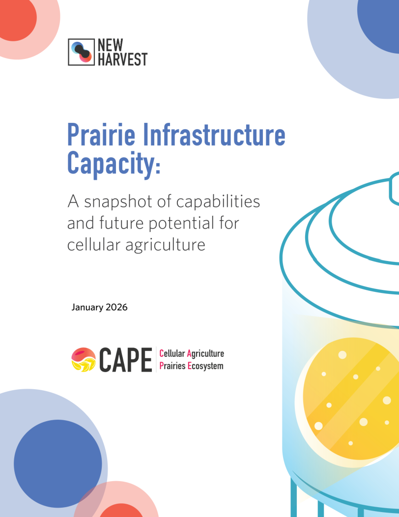 Cover page of a report titled 'Prairie Infrastructure Capacity' with the subtitle 'A snapshot of capabilities and future potential for cellular agriculture', dated January 2026, featuring the New Harvest logo at the top and CAPE logo at the bottom, with illustrations of a lab flask and abstract circular shapes.