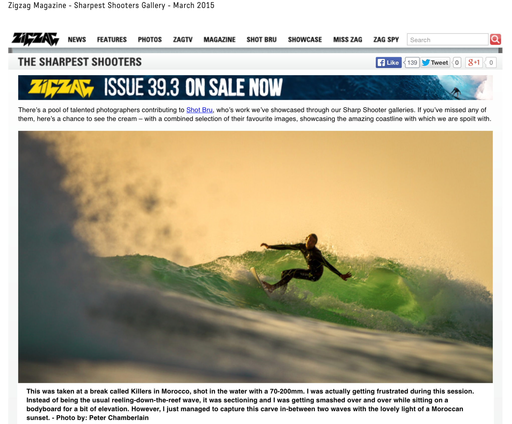 Surfer riding a wave at sunset in Killers, Morocco, captured by photographer Peter Chamberlain for Zigzag Magazine.