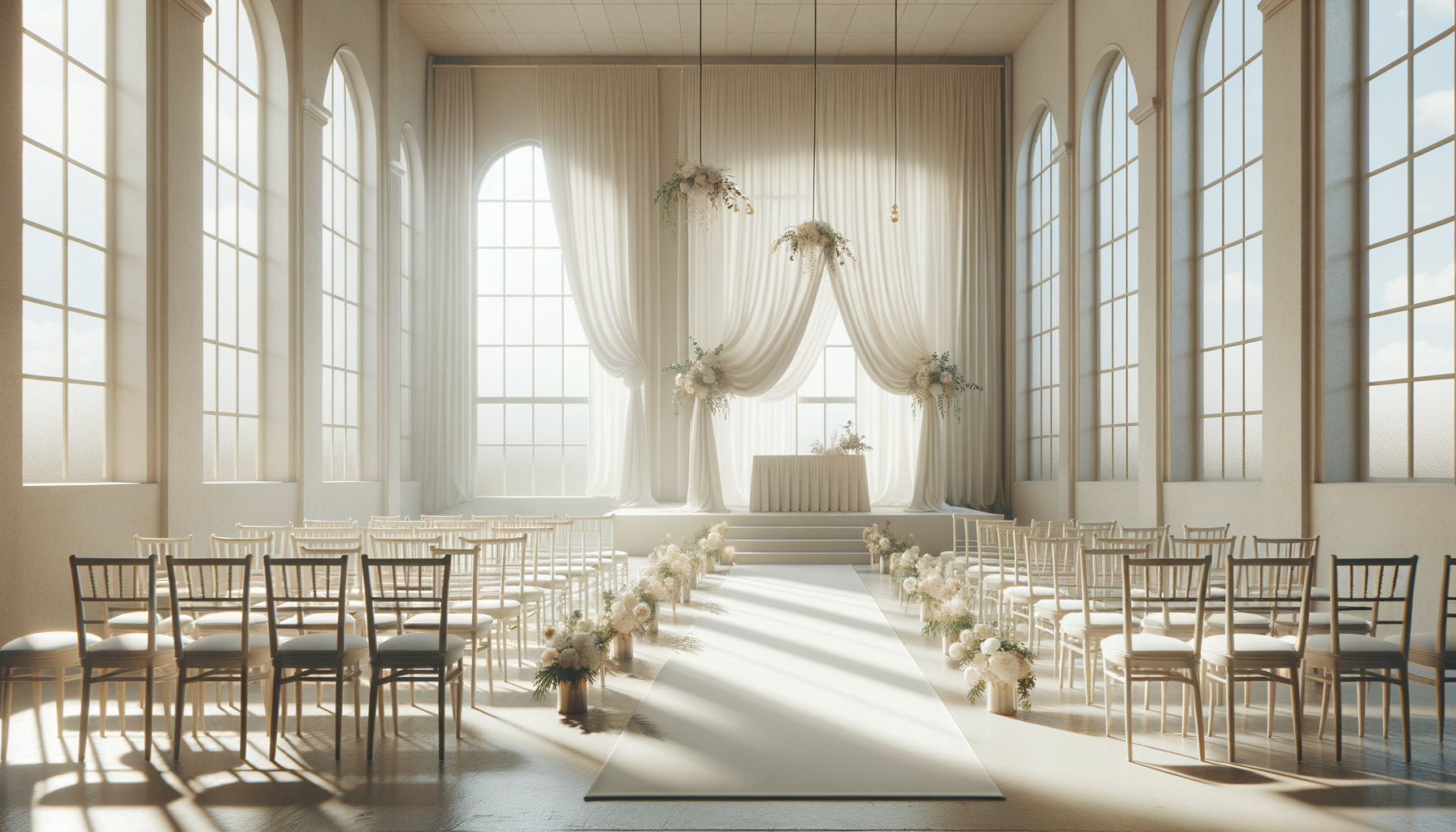 Light-filled wedding ceremony space image used on the Sewing Hands Alterations contact page