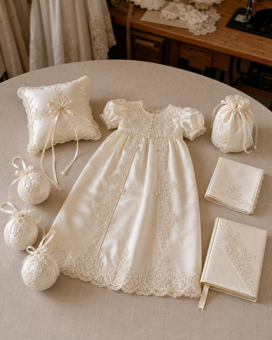 Christening gown, ring bearer pillow, ornaments, and keepsake accessories handcrafted from an heirloom wedding gown.