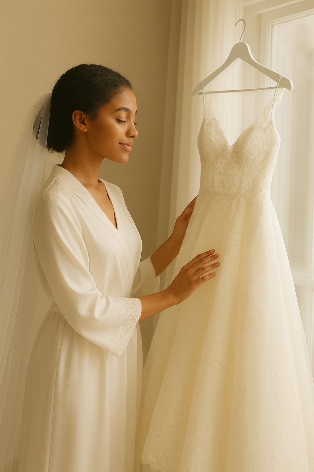 Bride looking at her wedding dress during the fitting process