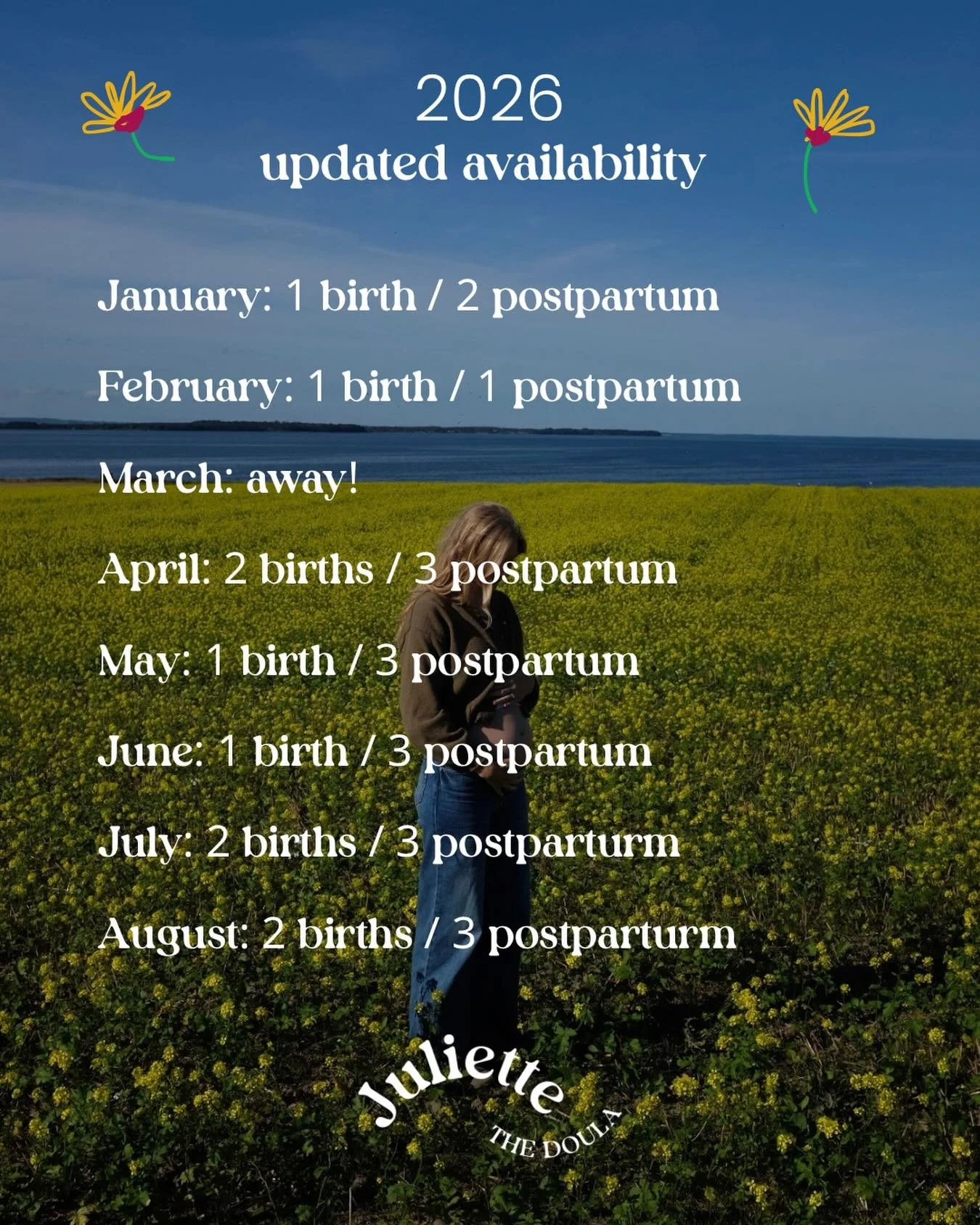 My updated availability for 2026! I&rsquo;m really happy to be staying in copie all summer 🌻 Take a look at my offerings in my website (linked in bio), and reach out for a free consultation to chat through it all &amp; see if we&rsquo;re a good fit 