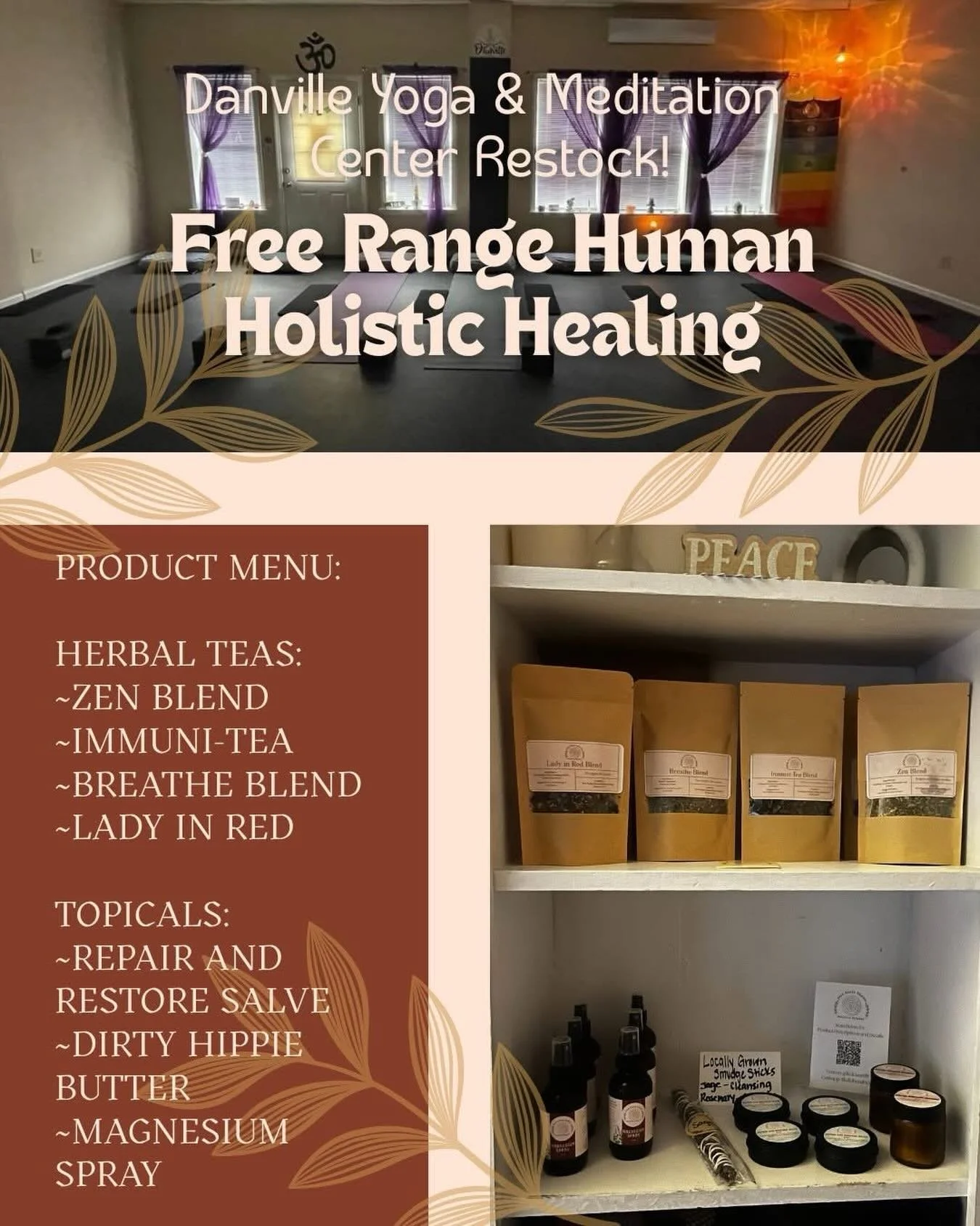 @danville_yoga_meditation has been restocked with your favorite teas and Magnesium Spray! I also added a few topical items for you to try! Drop in for a class and grab some herbal healing on your way out. 🌀🧘&zwj;♀️🪷

As always, there is a QR code 