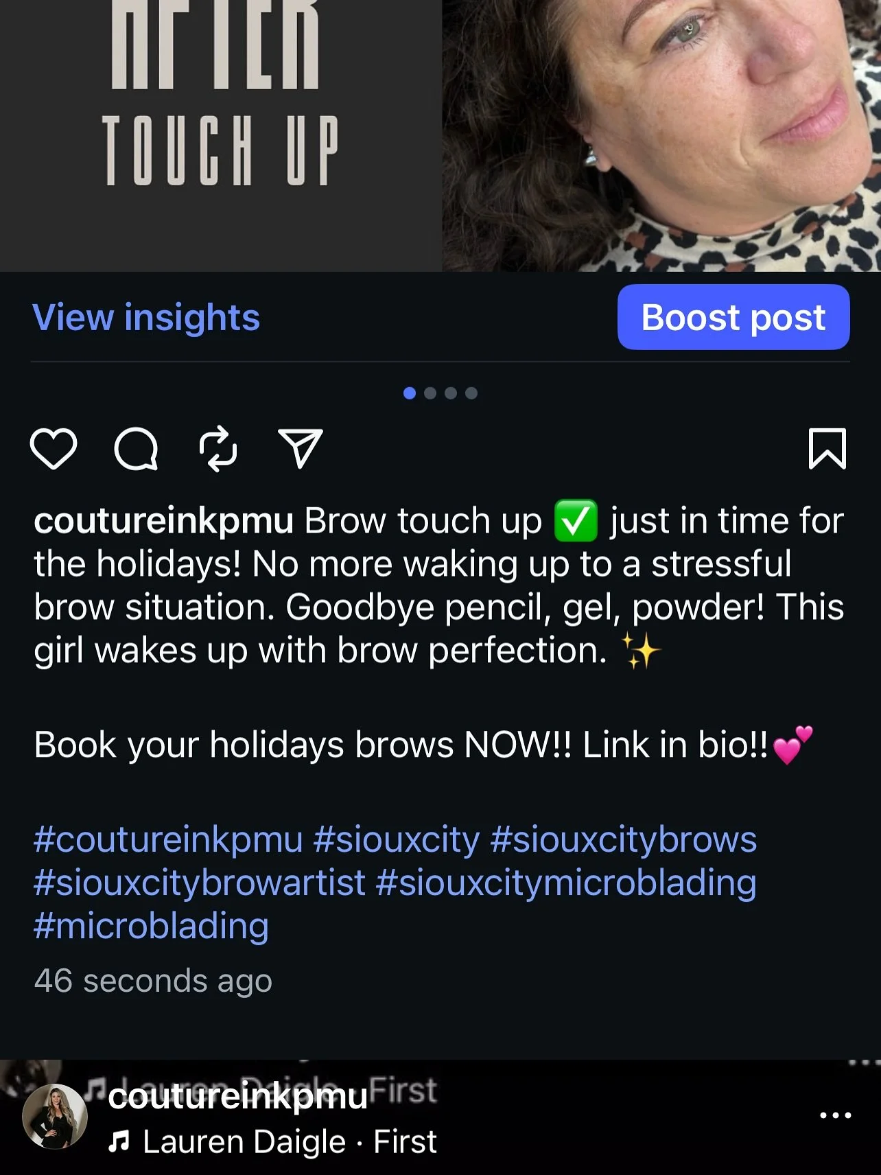 Brow touch up ☑️ just in time for
the holidays!🥳 No more waking up to a stressful brow situation. Goodbye pencil, gel, powder! ✌️This girl wakes up with brow perfection. ✨ 
Book your holidays brows NOW!! 🗓️ 🔗 Link in bio!!
#coutureinkpmu #siouxcit