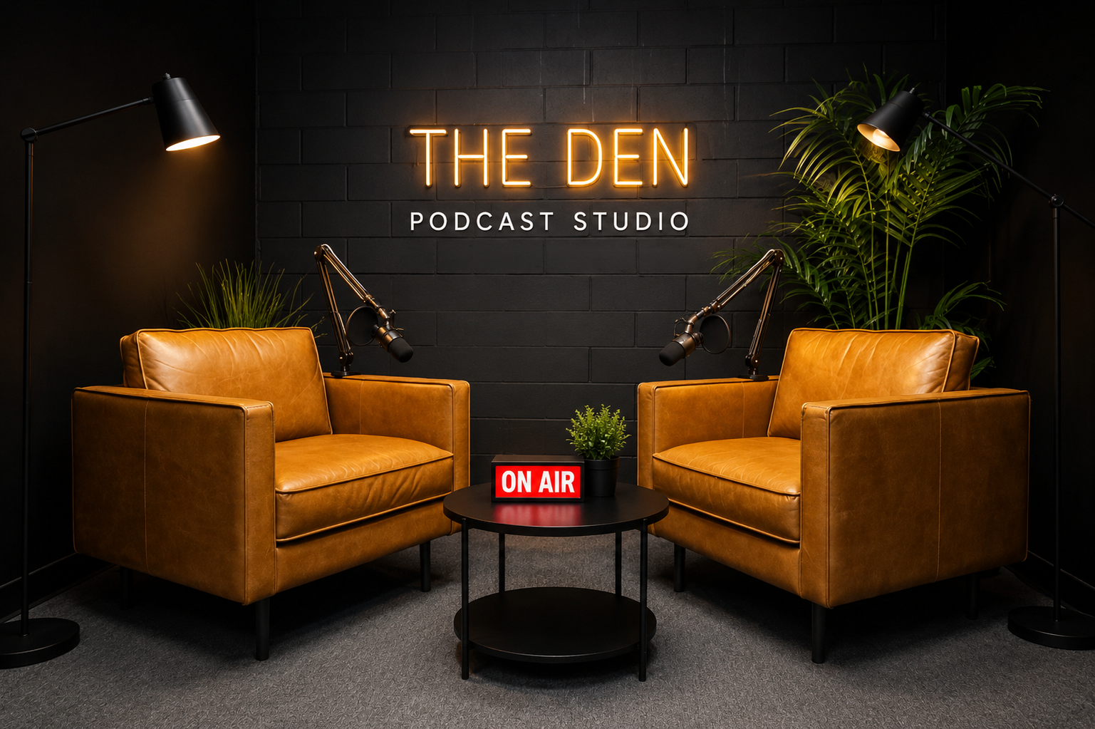 A podcast studio with two brown leather sofas, a black round table with an 'On Air' sign and a potted plant, black walls, and warm lighting from two black floor lamps. A neon sign on the wall reads 'The Den Podcast Studio'.