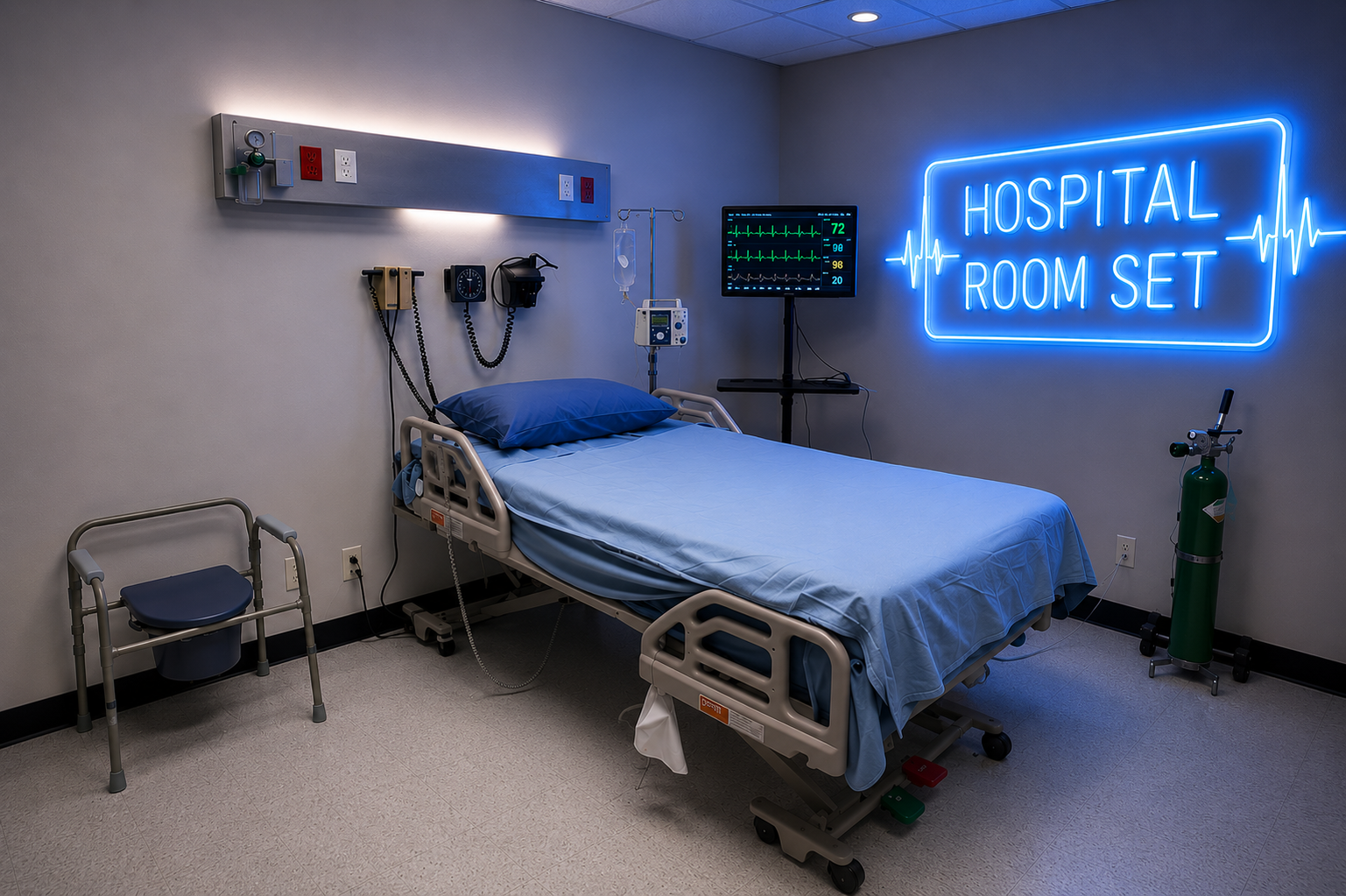 Hospital room with a bed, medical equipment, and a neon sign that reads 'HOSPITAL ROOM SET'.