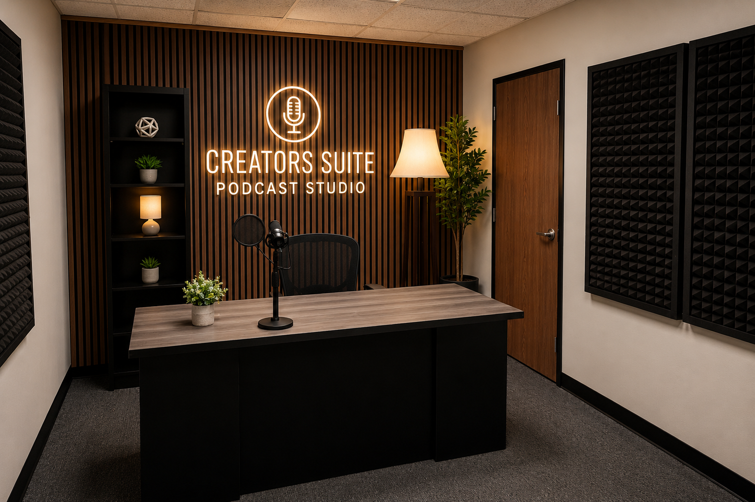 Recording studio with a wooden desk, a microphone, a black chair, LED neon sign reading 'Creators Suite Podcast Studio', a wooden door, a tall lamp, and decorative plants in black pots.
