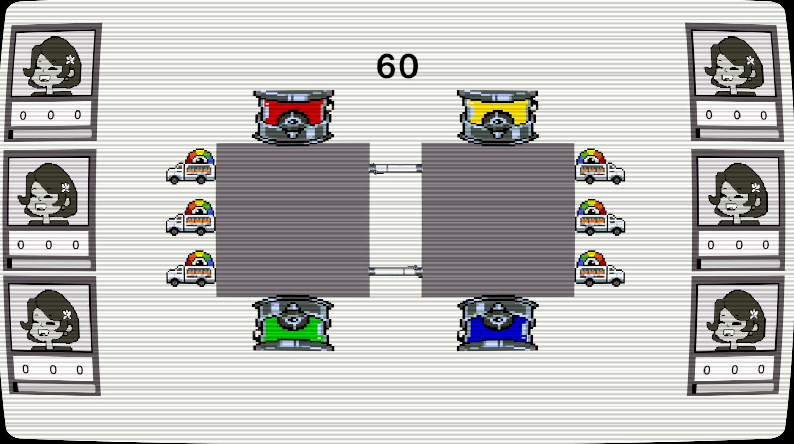 A pixel art style electronic game screen with two sheriff stations, four police cars, and six player avatars on the sides. The game features a score of 60 at the top center.