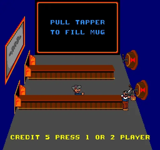 Arcade game screen showing two players, a prize machine, and instructions to pull the tapper to fill the mug.