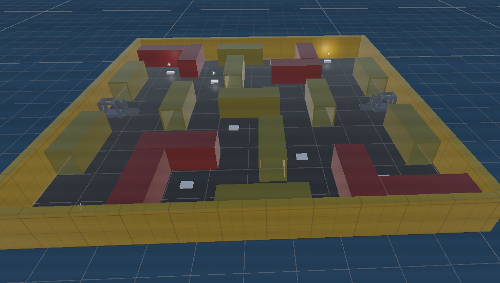3D model of an indoor maze with yellow walls, various colored blocks, and grey paths.