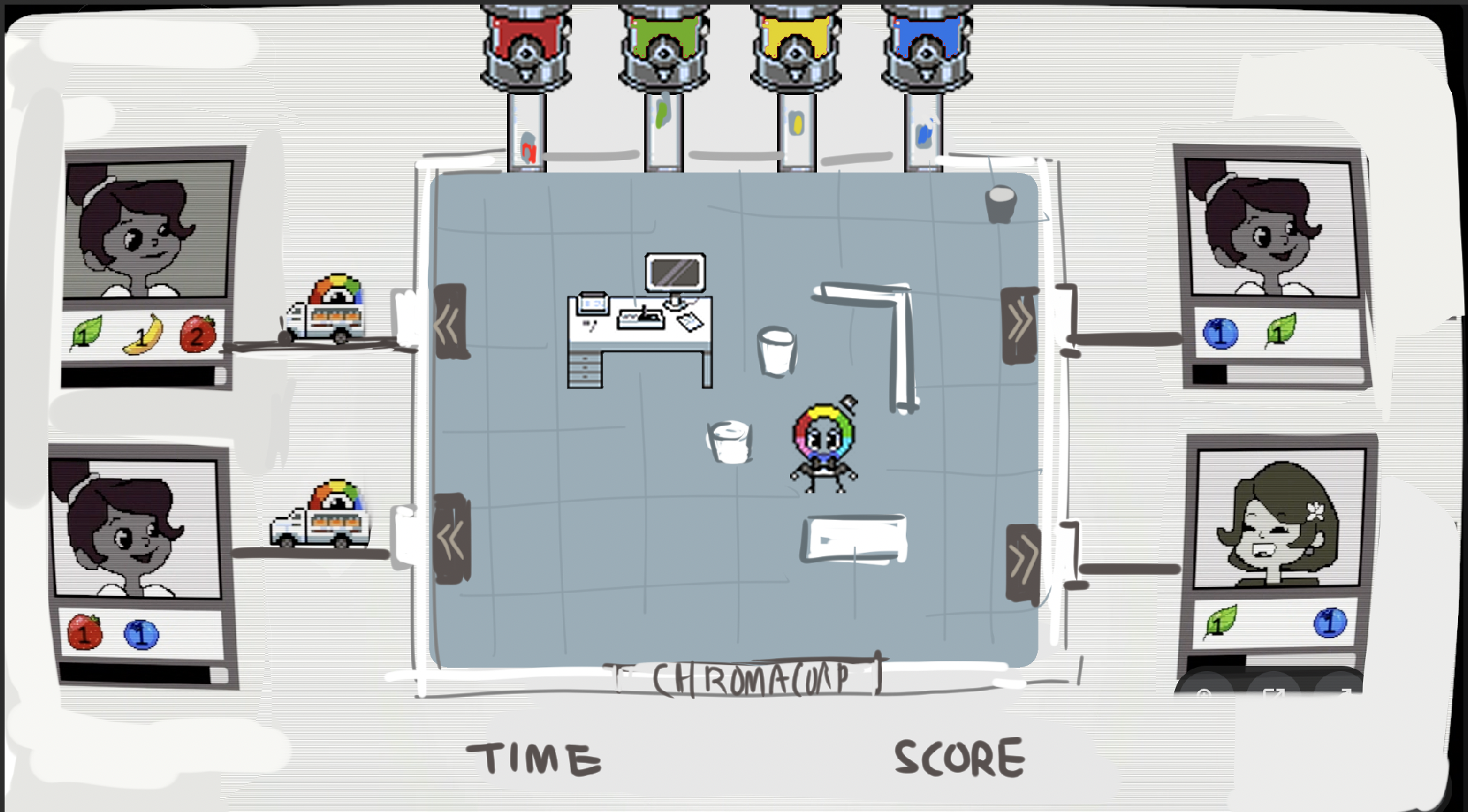 Screenshot of a pixel art-style rhythm game interface with a character in the center, surrounded by control buttons, timers, and score indicators. The background resembles a bathroom or medical room with tiled walls and equipment.