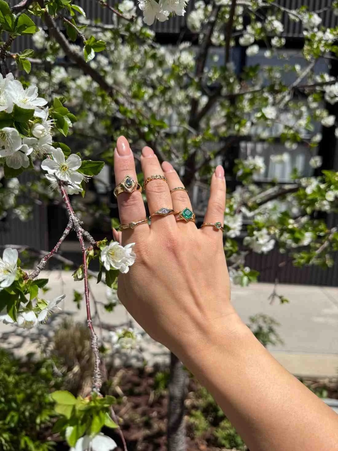 Hand wearing collection of vintage-style rings including emerald, diamond, and gold bands, positioned against white spring blossoms on flowering tree branch with shop building in background