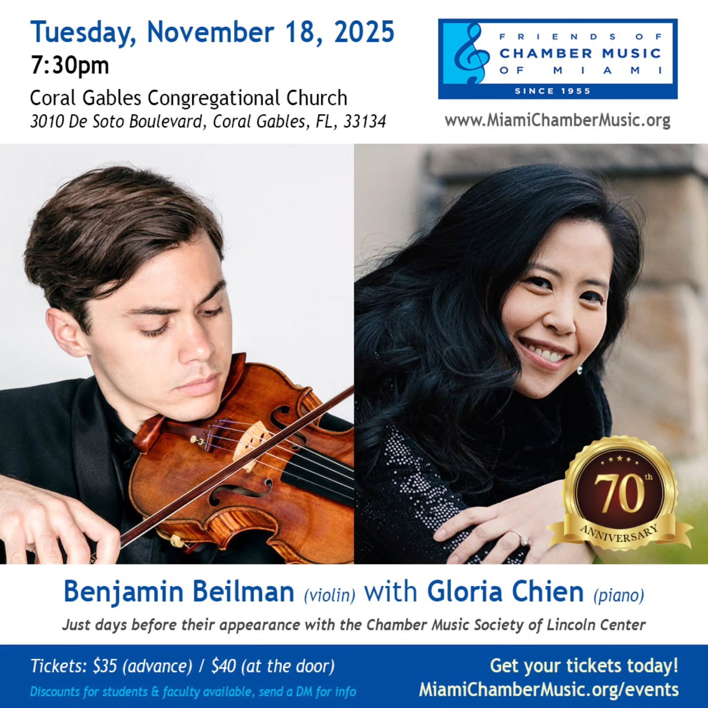 Come hear rising star violinist Benjamin Beilman with pianist Gloria Chien for an evening featuring C&eacute;sar Franck&rsquo;s magnificent Violin Sonata &mdash; a work of sweeping beauty and emotional depth.

Date: Tuesday, November 18, 2025 (7:30pm