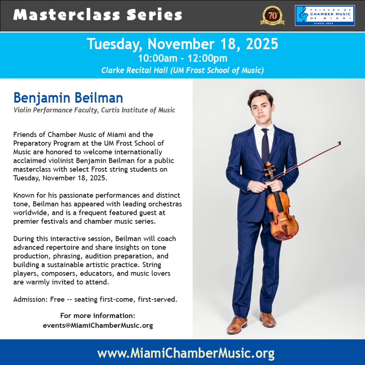 Don&rsquo;t miss this special FOCM Masterclass Series event held in partnership with the Preparatory Program at the UM Frost School of Music (@frostprepprogram).

🎻 Violinist Benjamin Beilman (@benbeilman) leads a public masterclass at @frostschoolu